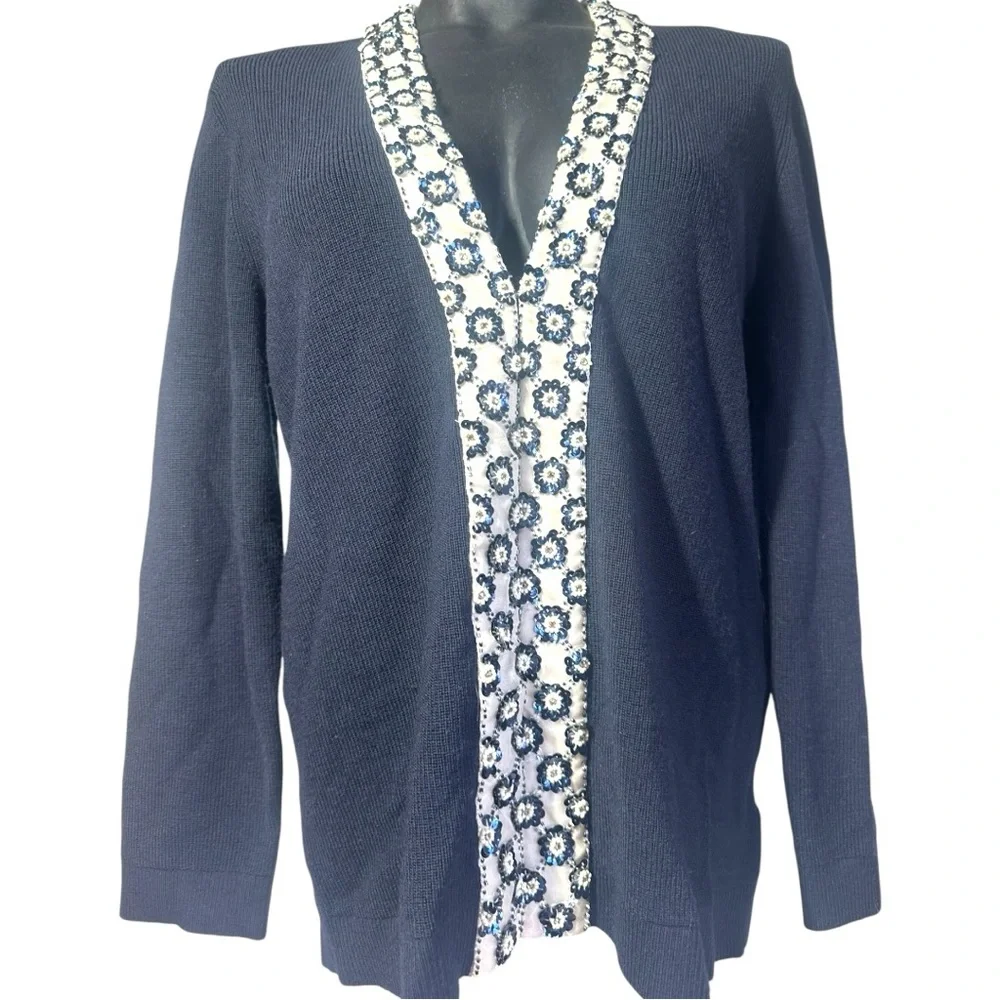 Tory Burch Merino Wool Printed Cardigan Sweater Large Navy Blue Sequins V-Neck - Picture 2 of 13